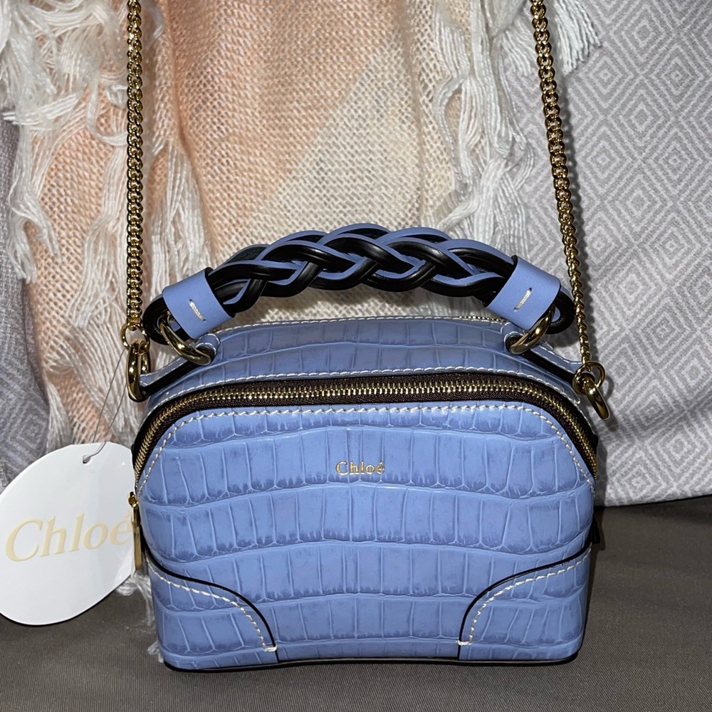 NWT Chloe Mini Daria Crocodile Embossed Leather Mini Crossbody Bag Blue